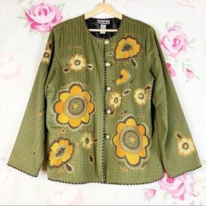 Indigo Moon Boho Floral Embroidered Patchwork Green Oversized Blazer L